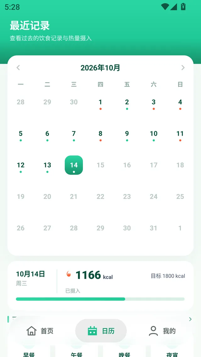 日历：每日带达标色点，区分达标与超标